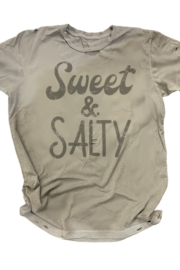 Sweet & Salty Shown on the fabulous cement destroyed tee, with all the perfectly placed rips and cuts, this cool tee is totally on trend. 100% ringspun combed cotton soft tee, you will love how luxurious this feels. Unisex relaxed fit, slightly more boxy. 