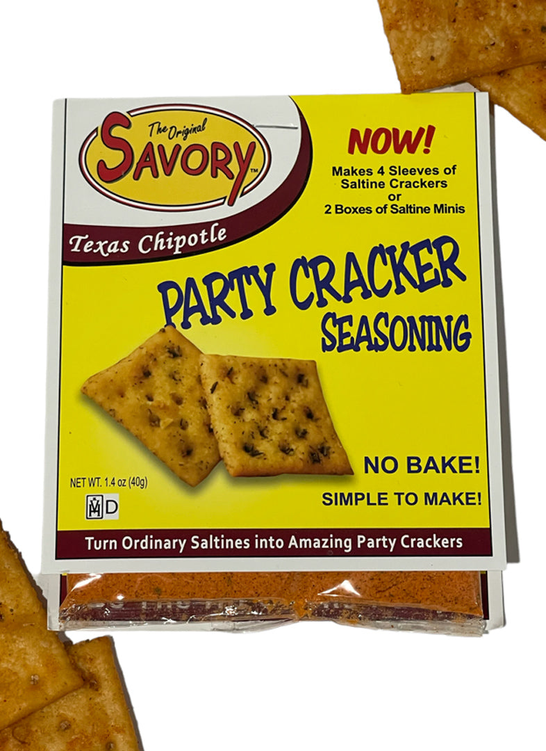 Texas Chipotle is a bit “spicier” than the Original, but the perfect balance of smoky heat and bold flavor customers love. The mild chipotle pepper mixed with special seasonings create this distinctive smoky flavor. The seasoning packet includes 1.4 oz. of the Texas Chipotle flavored seasoning.  Mix with 1 2/3 cup of Canola oil and 4 sleeves of Saltine Crackers.