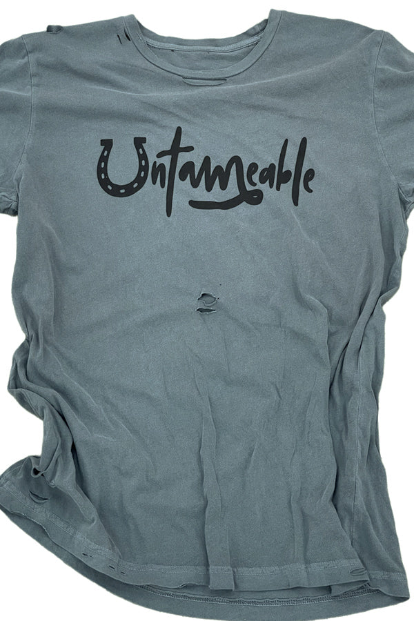 Untameable Shown on the fabulous destroyed olive green tee, has all the right rips and cuts, this tee will become your favorite because of it's soft feel! 100% combed ringspun cotton soft tee. Unisex relaxed fit. 